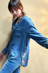 Billy T Mixed Embroidered Shirt in blue denim. Classic denim shirt with pointed collar and button front. 2 breast patch pockets. Long sleeves with button cuffs. Back yoke with gored panels below. Mixed garden inspired embroidery on lower back. Relaxed fit._t_34406975144136