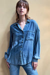 Billy T Mixed Embroidered Shirt in blue denim.  Classic denim shirt with pointed collar and button front.  2 breast patch pockets.  Long sleeves with button cuffs.  Back yoke with gored panels below.  Mixed garden inspired embroidery on lower back.  Relaxed fit._t_34406974849224