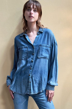 Billy T Mixed Embroidered Shirt in blue denim.  Classic denim shirt with pointed collar and button front.  2 breast patch pockets.  Long sleeves with button cuffs.  Back yoke with gored panels below.  Mixed garden inspired embroidery on lower back.  Relaxed fit._34406974849224
