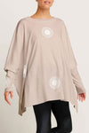 Planet Spotlight Tee in Sand with White bullseye dots.  Crew neck long sleeve oversized swing tee.  Tunic length.  One size fits many.  Oversized fit._t_61201096933742