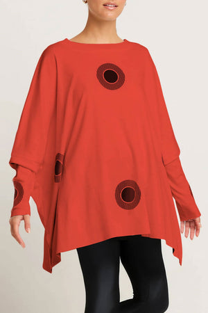 Planet Spotlight Tee in Cherry with Black bullseye dots.  Crew neck long sleeve oversized swing tee.  Tunic length.  One size fits many.  Oversized fit._61201096835438