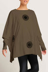 Planet Spotlight Tee in Loden with Black bullseye dots.  Crew neck long sleeve oversized swing tee.  Tunic length.  One size fits many.  Oversized fit._t_61201096868206