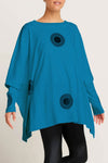 Planet Spotlight Tee in Marina blue with Black bullseye dots.  Crew neck long sleeve oversized swing tee.  Tunic length.  One size fits many.  Oversized fit._t_61201096900974