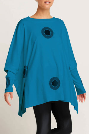 Planet Spotlight Tee in Marina blue with Black bullseye dots.  Crew neck long sleeve oversized swing tee.  Tunic length.  One size fits many.  Oversized fit._61201096900974