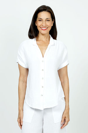 Organic Rags Gauze Button Down in White. Pointed collar textured gauze button down shirt . Short cuffed sleeve. Shirt tail hem. Relaxed fit._35729864130760