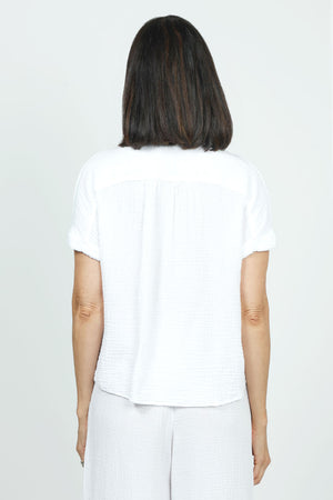 Organic Rags Gauze Button Down in White. Pointed collar textured gauze button down shirt . Short cuffed sleeve. Shirt tail hem. Relaxed fit._35729864163528