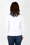 Elliott Lauren Underscore Combo Top in White. Hybrid tee shirt and blouse. T shirt fabric body with fabric long sleeves with 2 button fold back cuff. Gold buttons. Relaxed fit._t_34452667564232