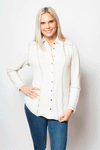 Sno Skins Seersucker Button Down Shirt in Buff with Gray top stitch detailing. Pointed collar button down long sleeve top with metal etched buttons. Shirt tail hem. Relaxed fit._t_34687310528712