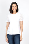 Elliott Lauren Happy Days Eyelet Tee in White.  Crew neck cotton tee with eyelet lace short puff sleeve.  Rib trim cuff.  Relaxed fit._t_35286797517000