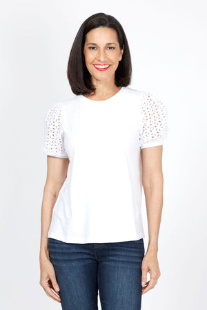 Elliott Lauren Happy Days Eyelet Tee in White.  Crew neck cotton tee with eyelet lace short puff sleeve.  Rib trim cuff.  Relaxed fit._35286797517000