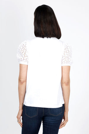 Elliott Lauren Happy Days Eyelet Tee in White. Crew neck cotton tee with eyelet lace short puff sleeve. Rib trim cuff. Relaxed fit._35286797484232