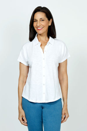 Elliott Lauren Button Front Tee in White. Garment tied cotton tee with pointed collar and button down front. Shirt tail hem. Relaxed fit._35730975555784