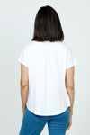 Elliott Lauren Button Front Tee in White. Garment tied cotton tee with pointed collar and button down front. Shirt tail hem. Relaxed fit._t_35730975588552