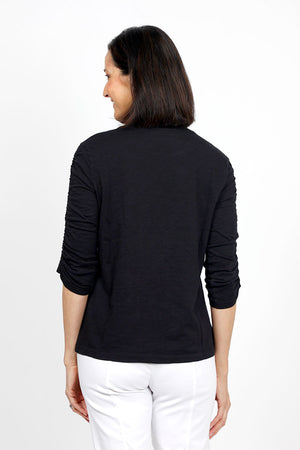 Elliott Lauren Ruched Sleeve Tee in Black. Crew neck tee with ruching down the center of each sleeve. Straight hem. Relaxed fit._35432124252360