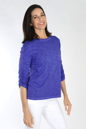 Elliott Lauren Ruched Sleeve Tee in Harbor blue. Crew neck tee with ruching down the center of each sleeve. Straight hem. Relaxed fit._35432123597000