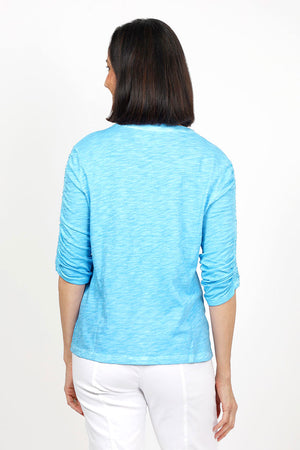 Elliott Lauren Ruched Sleeve Tee in Lagoon. Crew neck tee with ruching down the center of each sleeve. Straight hem. Relaxed fit_35456375816392