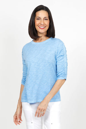 Elliott Lauren Ruched Sleeve Tee in Ocean blue.. Crew neck tee with ruching down the center of each sleeve. Straight hem. Relaxed fit._35432123662536