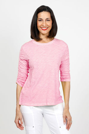 Elliott Lauren Ruched Sleeve Tee in Pink. Crew neck tee with ruching down the center of each sleeve. Straight hem. Relaxed fit_35456375849160