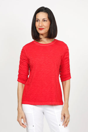 Elliott Lauren Ruched Sleeve Tee in Poppy red. Crew neck tee with ruching down the center of each sleeve. Straight hem. Relaxed fit._35432123564232