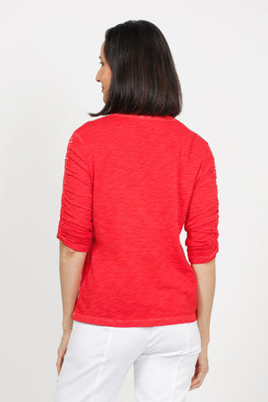 Elliott Lauren Ruched Sleeve Tee in Poppy red. Crew neck tee with ruching down the center of each sleeve. Straight hem. Relaxed fit._35432124514504