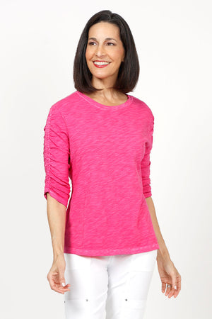 Elliott Lauren Ruched Sleeve Tee in Snapdragon, a hot pink. Crew neck tee with ruching down the center of each sleeve. Straight hem. Relaxed fit._35432124416200