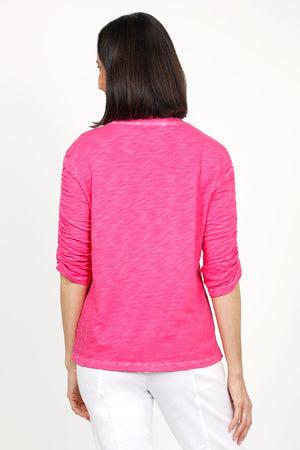 Elliott Lauren Ruched Sleeve Tee in Snapdragon, a hot pink. Crew neck tee with ruching down the center of each sleeve. Straight hem. Relaxed fit._35432124219592