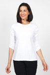 Elliott Lauren Ruched Sleeve Tee in White. Crew neck tee with ruching down the center of each sleeve. Straight hem. Relaxed fit._t_35432123891912