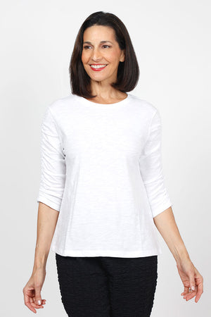 Elliott Lauren Ruched Sleeve Tee in White. Crew neck tee with ruching down the center of each sleeve. Straight hem. Relaxed fit._35432123891912