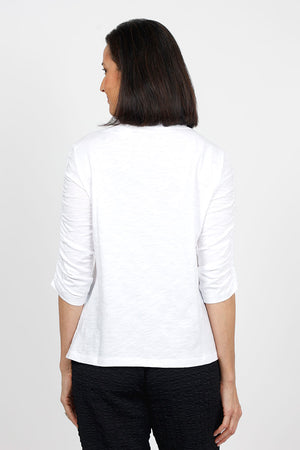Elliott Lauren Ruched Sleeve Tee in White. Crew neck tee with ruching down the center of each sleeve. Straight hem. Relaxed fit._35432123629768