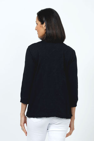 Elliott Lauren V Neck Seam Detail Tee in Black. V neck garment dyed 3/4 sleeve top. Wrapped contour seams from front to back. Asymmetric hem. Rib detail at neck hem and cuff. Relaxed fit._35201251016904