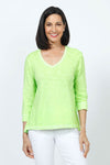 Elliott Lauren V Neck Seam Detail Tee in Lime.  V neck garment dyed 3/4 sleeve top.  Wrapped contour seams from front to back.  Asymmetric hem.  Rib detail at neck hem and cuff.  Relaxed fit._t_35201250951368