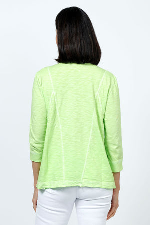 Elliott Lauren V Neck Seam Detail Tee in Lime. V neck garment dyed 3/4 sleeve top. Wrapped contour seams from front to back. Asymmetric hem. Rib detail at neck hem and cuff. Relaxed fit._35201251115208
