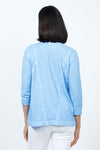 Elliott Lauren V Neck Seam Detail Tee in Ocean blue. V neck garment dyed 3/4 sleeve top. Wrapped contour seams from front to back. Asymmetric hem. Rib detail at neck hem and cuff. Relaxed fit._t_35201251410120