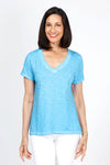 Elliott Lauren V Neck Back Seam Tee in Lagoon. V neck short sleeve tee with back center seam and raw edge raglan sleeve detail. A line. Relaxed fit._t_35298365964488
