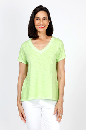 Elliott Lauren V Neck Back Seam Tee in Lime. V neck short sleeve tee with back center seam and raw edge raglan sleeve detail. A line. Relaxed fit._35286628827336