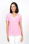 Elliott Lauren V Neck Back Seam Tee in Pink. V neck short sleeve tee with back center seam and raw edge raglan sleeve detail. A line. Relaxed fit._t_35286629187784