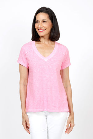 Elliott Lauren V Neck Back Seam Tee in Pink. V neck short sleeve tee with back center seam and raw edge raglan sleeve detail. A line. Relaxed fit._35286629187784