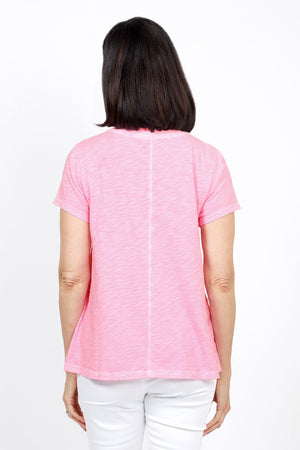 Elliott Lauren V Neck Back Seam Tee in Pink. V neck short sleeve tee with back center seam and raw edge raglan sleeve detail. A line. Relaxed fit._35286628991176
