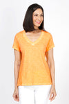 Elliott Lauren V Neck Back Seam Tee in Tiger Lily. V neck short sleeve tee with back center seam and raw edge raglan sleeve detail. A line. Relaxed fit._t_35286628925640