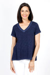 Elliott Lauren V Neck Back Seam Tee in Navy. V neck short sleeve tee with back center seam and raw edge raglan sleeve detail. A line. Relaxed fit._t_35286629318856