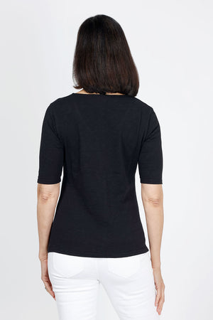 Elliott Lauren Ruched Front Tee in Black. V neck short sleeve tee with ruched front detail. Classic fit._35286768222408