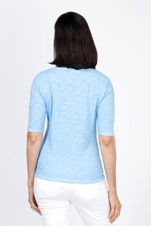Elliott Lauren Ruched Front Tee in Ocean blue. V neck short sleeve tee with ruched front detail. Classic fit._35286768124104
