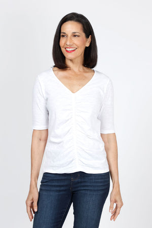 Elliott Lauren Ruched Front Tee in White. V neck short sleeve tee with ruched front detail. Classic fit._35286768287944