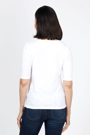 Elliott Lauren Ruched Front Tee in White. V neck short sleeve tee with ruched front detail. Classic fit._35286768386248