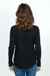 Elliott Lauren Button Down Tee in Black. Garment dyed button down with pointed collar. Long sleeves. Single breast pocket. Back yoke. Shirt tail hem. Relaxed fit._t_35977632579784