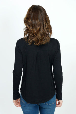Elliott Lauren Button Down Tee in Black. Garment dyed button down with pointed collar. Long sleeves. Single breast pocket. Back yoke. Shirt tail hem. Relaxed fit._35977632579784