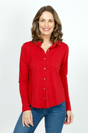 Elliott Lauren Button Down Tee in Garnet. Garment dyed button down with pointed collar. Long sleeves. Single breast pocket. Back yoke. Shirt tail hem. Relaxed fit._35977632612552