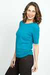 Elliott Lauren Garment Dye Tee with Ruched Sides in Teal. Crew neck elbow sleeve tee with ruched sides. Relaxed fit._t_52885912027502