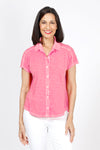 Elliott Lauren Button Front Tee in Azalea. Garment tied cotton tee with pointed collar and button down front. Shirt tail hem. Relaxed fit._t_60078537769326