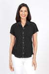 Elliott Lauren Button Front Tee in Black. Garment tied cotton tee with pointed collar and button down front. Shirt tail hem. Relaxed fit._t_60044090540398